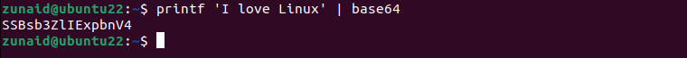 The Linux terminal showing the process of encoding a string received from the printf command using base64