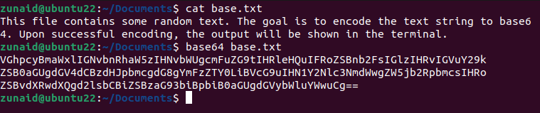 The Linux terminal displaying the process of encoding a file to base64 using the base64 command