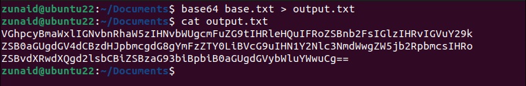 The Linux terminal showcasing the process of encoding the content of a file to base64 and saving it to another file