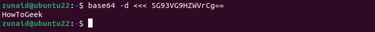 The Linux terminal displaying the process of decoding a base64 string using the base64 command with the help of here-strings