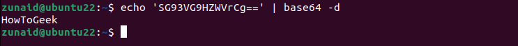 The Linux terminal displaying the process of decoding a base64 string using the base64 command with the help of the echo command