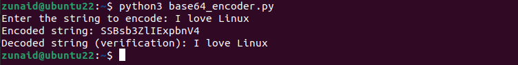 The Linux terminal showcasing the process of encoding a string using a Python program