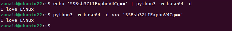 The Linux terminal showing the process of decoding a base64 string using the Python language