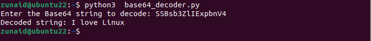 The Linux terminal displaying the process of decoding a base64 string using a Python program