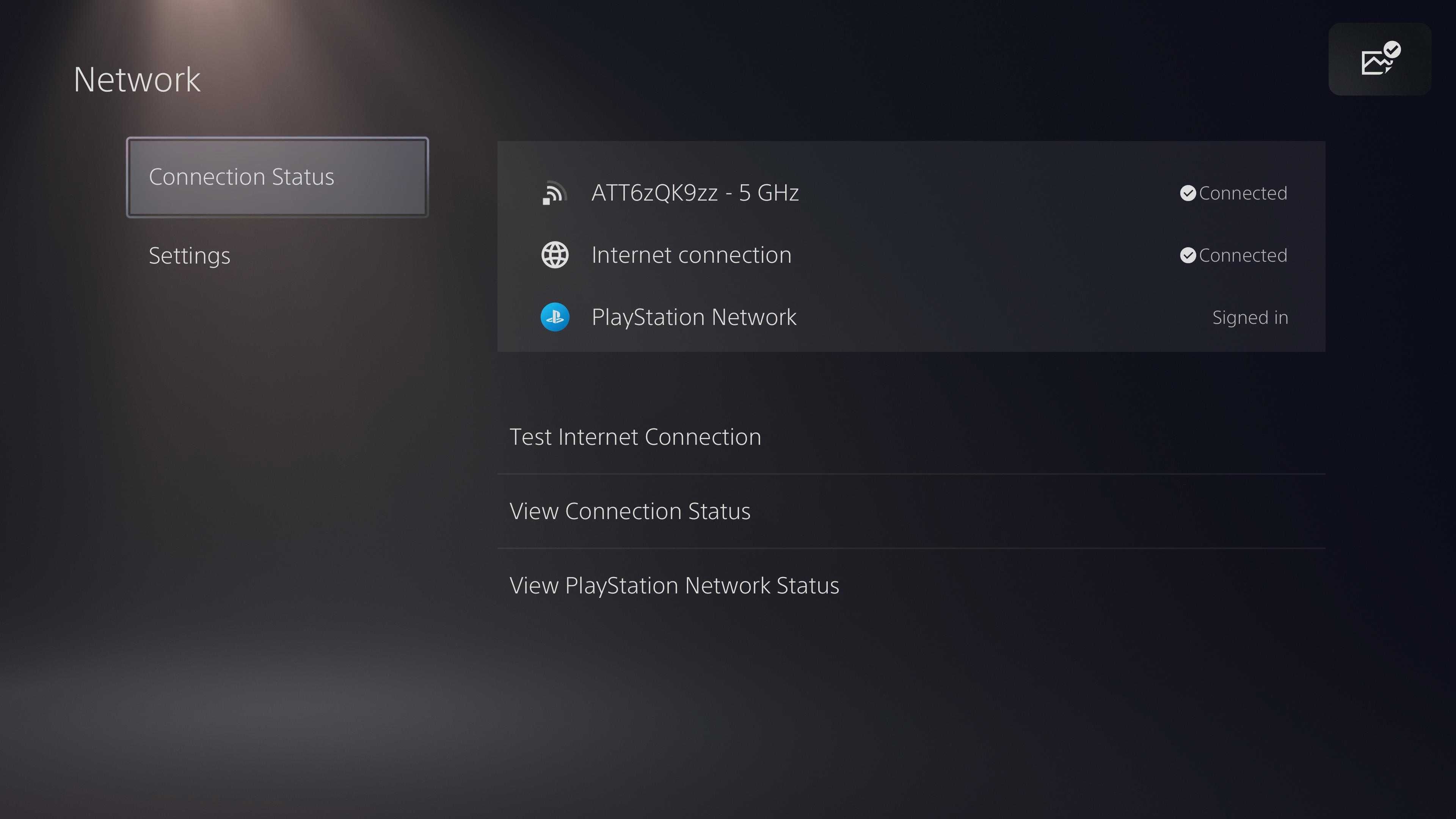 The Network Settings Screen on the PlayStation 5, which allows you to conduct connection tests and view your current bandwidth speeds.