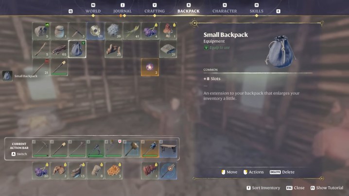 A description of a small backpack in Enshrouded.