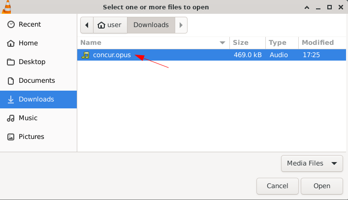 A VLC file selection window, with concur.opus file selected.