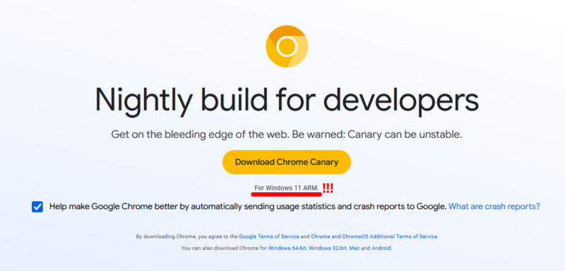 The Chrome nightly download page with an important section highlighted.