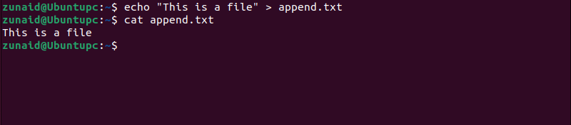 Linux terminal shows how the echo command is used to add text to a file 