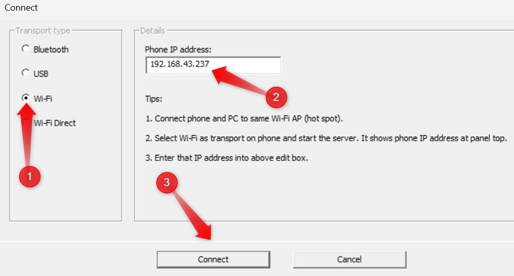 Adding the IP address and establishing the connection between phone and computer.