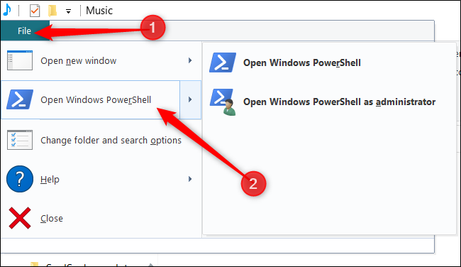 Click "File," hover over "Open Windows PowerShell," and then click your preferred option. 