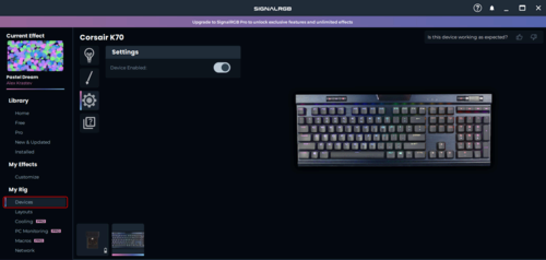 The SignalRGB program with the Corsair K70 keyboard displayed in the devices list.
