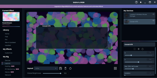 The SignalRGB program with the layouts menu open, showcasing a pastel RGB effect.