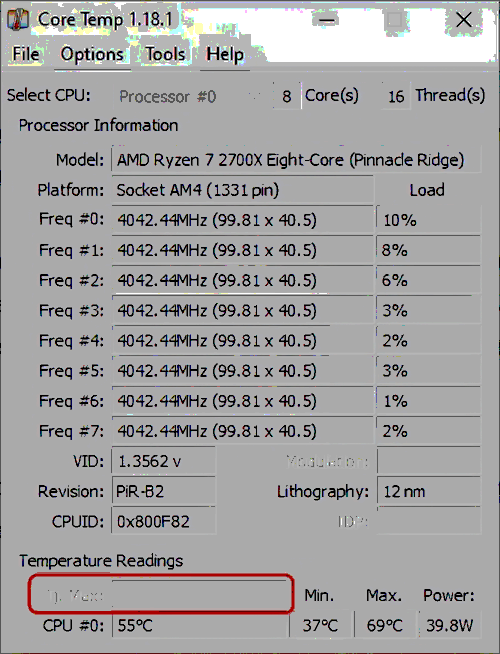 Temperature monitoring app Core Temp with the AMD Ryzen 7 2700X CPU.