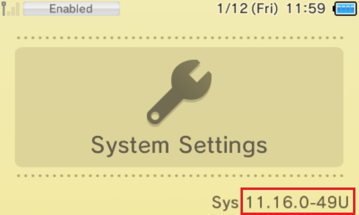 The main menu of the 3DS' System Settings, where the version number is visible on the bottom right of the top screen.