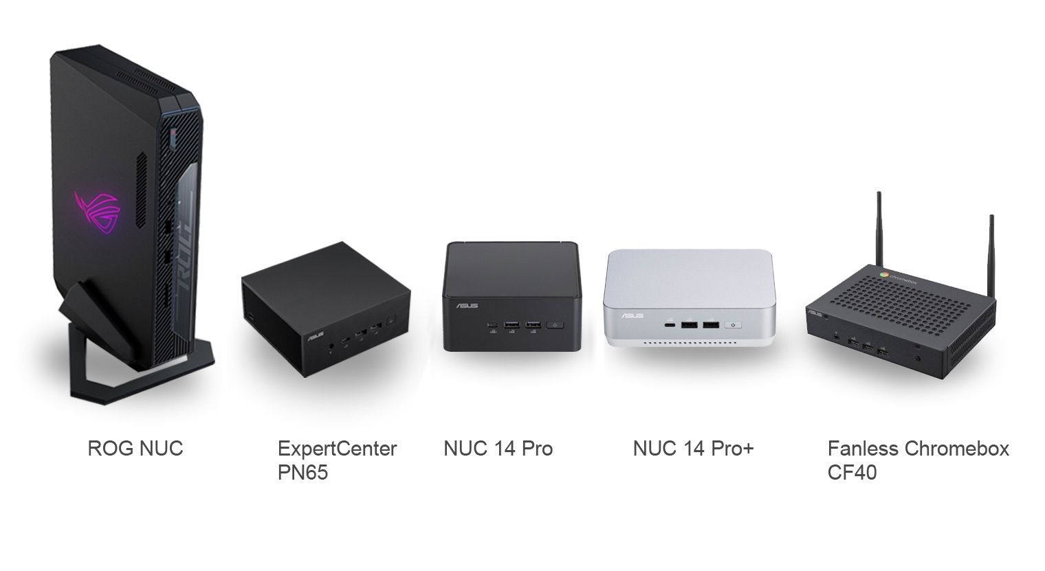 ASUS ROG NUC, ASUS ExpertCenter PN65, NUC 14 Pro, NUC 14 Pro+, and Fanless Chromebox CF40