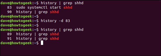 history | grep shhd in a terminal window