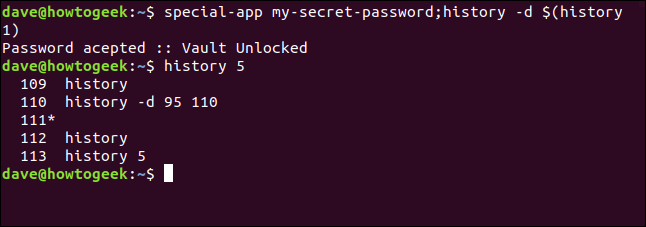 special-app my-secret-password;history -d $(history 1) in a terminal window