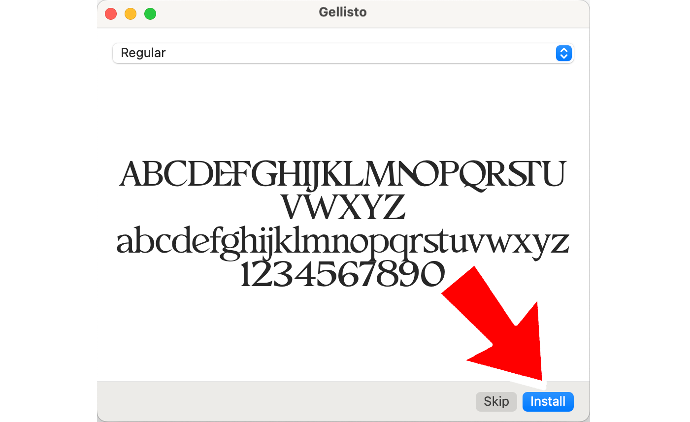 The installation screen of a new font on Mac.