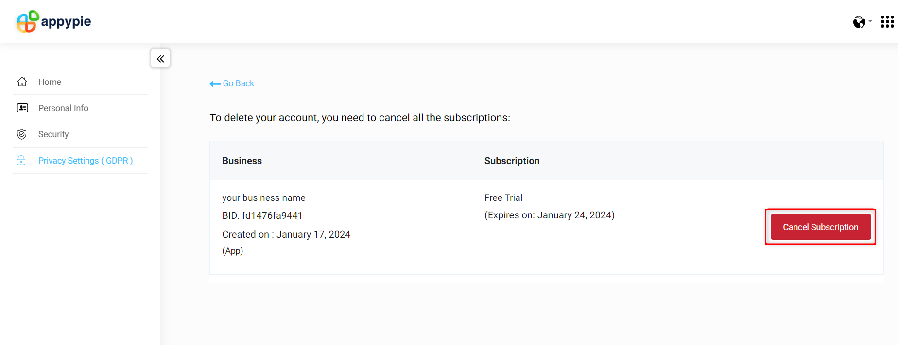 An image showing where the user can cancel their subscription.