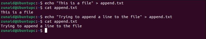 Linux terminal showcasing how the echo command can override the content of a text file