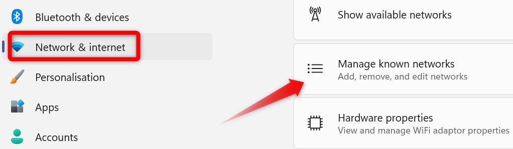 Opening the 'Manage Known Networks' settings in the Windows Settings app.