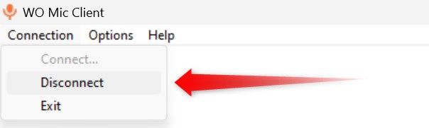 Disconnecting a microphone connection from the WO Mic desktop app.