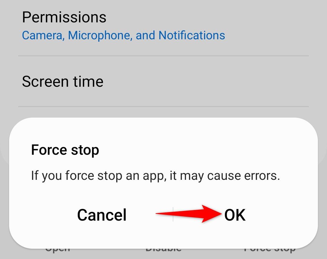 'OK' highlighted in the 'Force Stop' prompt.