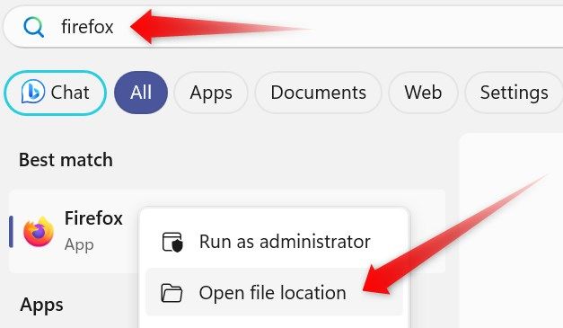 Opening the installation location of the Mozilla Firefox app on Windows.
