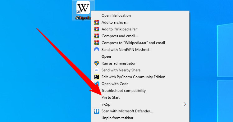 Right-click the icon and select 'Pin to Start.'