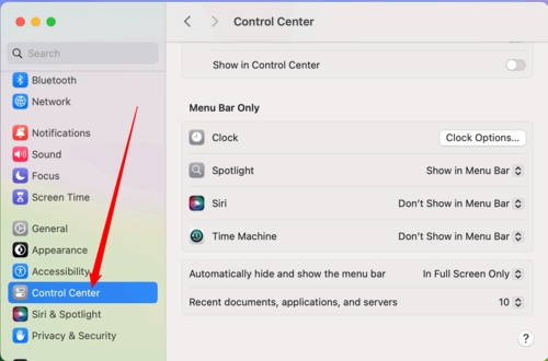 Scroll down and select 'Control Center.'