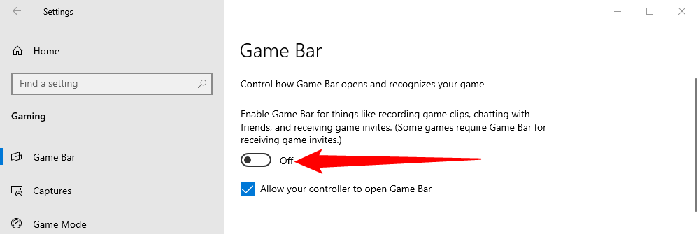 Click the toggle under 'Game Bar' to disable it completely. 