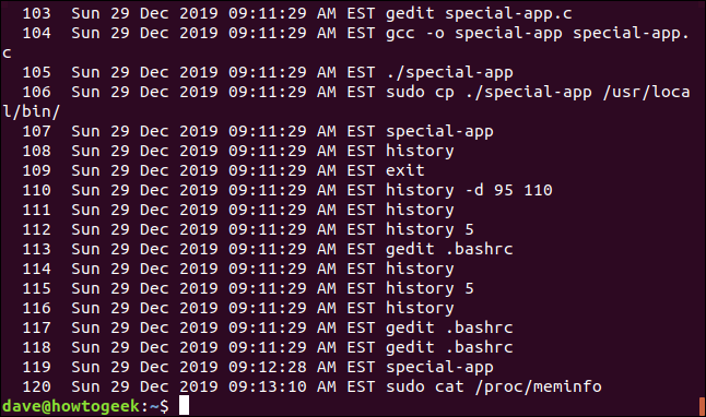 history listing with timestamps in a terminal window