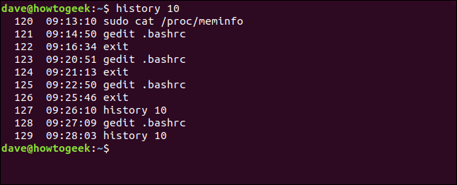 history list with timestamps in a terminal window