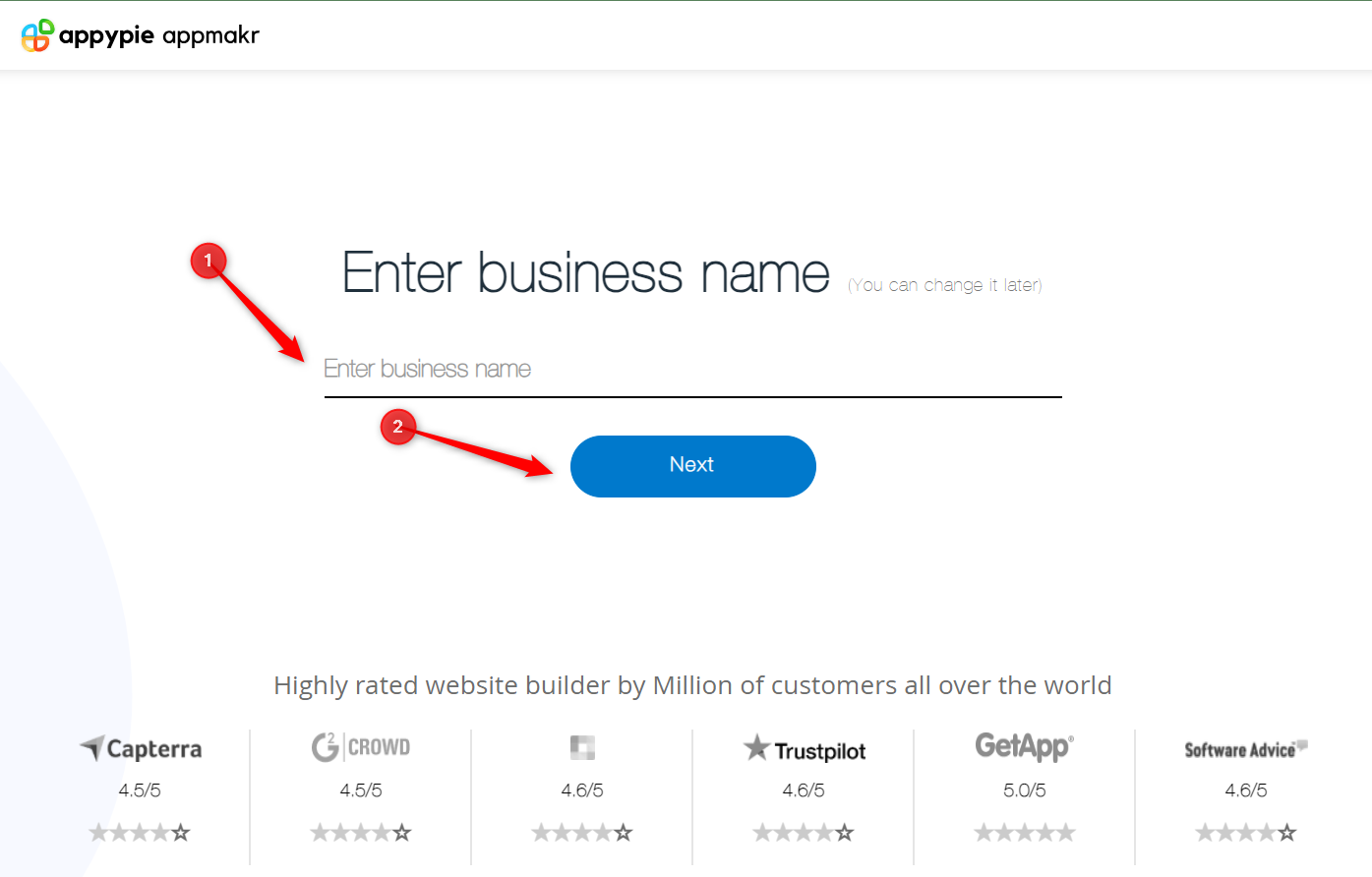 An image showing Appy Pie's app builder requesting for a business name from the user.