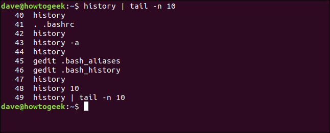 history | tail -n 10 in a terminal window