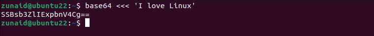 The Linux terminal showcases how to encode a string using the base64 command with the help of here string operator