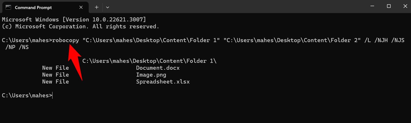 The 'robocopy' command typed in Command Prompt.