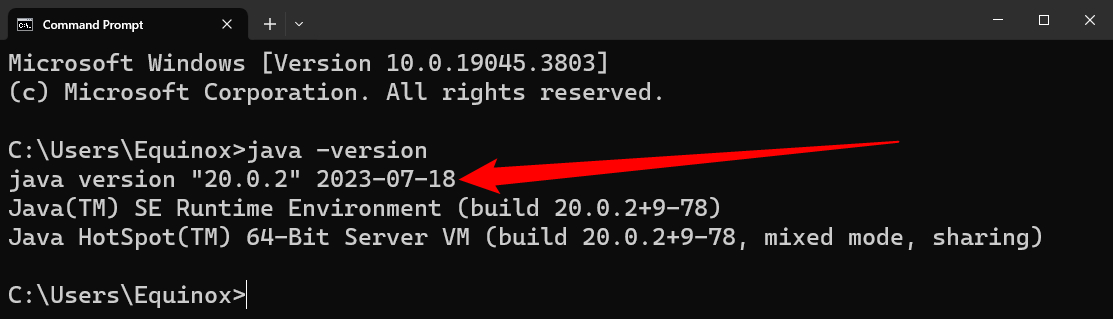 The output of 'java -version' in Command Prompt. 