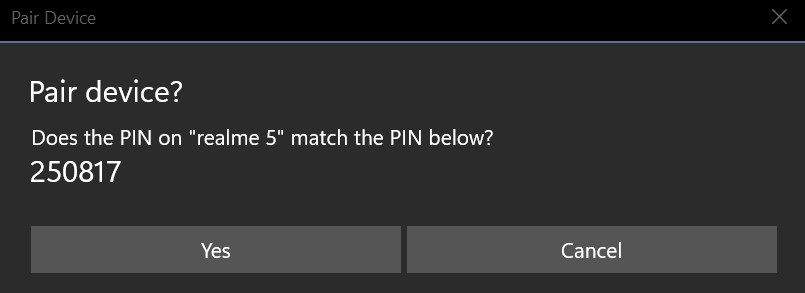 Notification asking permission to pair your Windows device with an Android phone via Bluetooth.