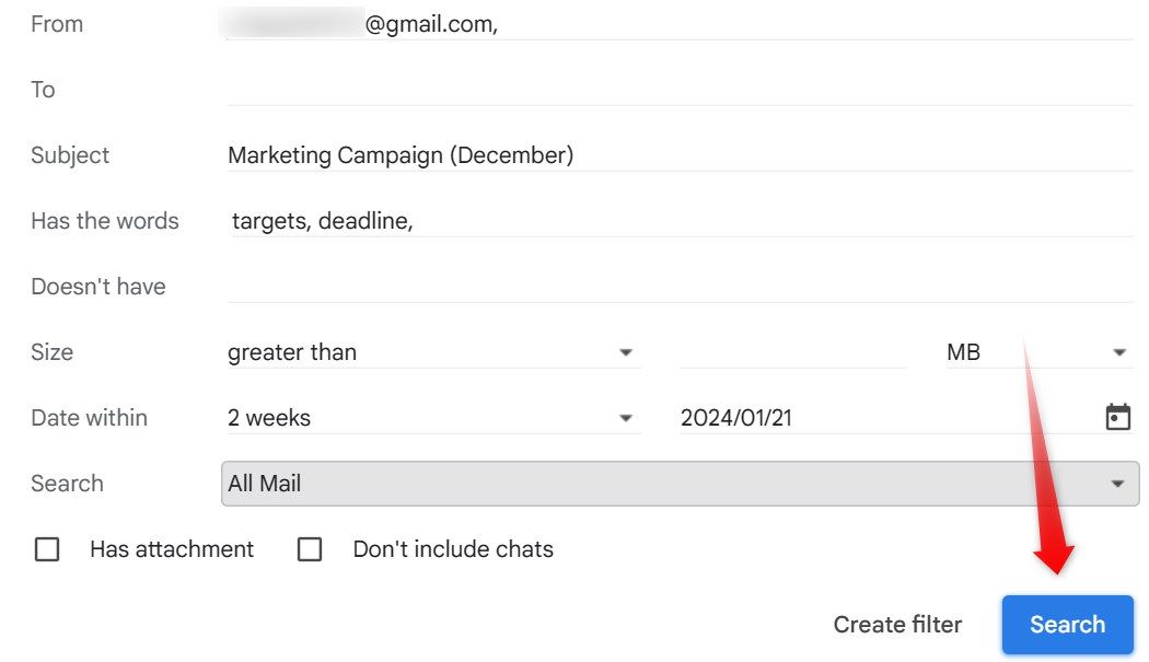 Searching for an email using Gmail's advanced search.