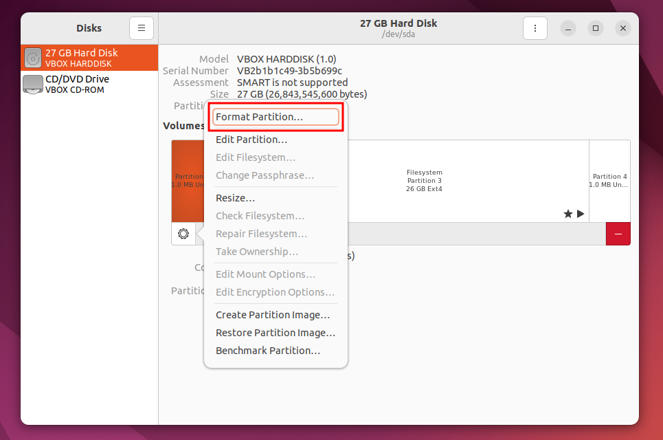 A context menu displaying different operations that can be performed on the selected hard disk on the Disks app