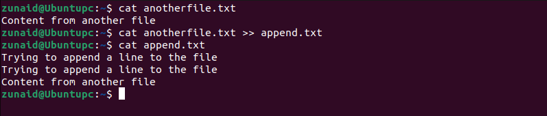 Linux terminal showing the use of the cat command to combine the contents of different files