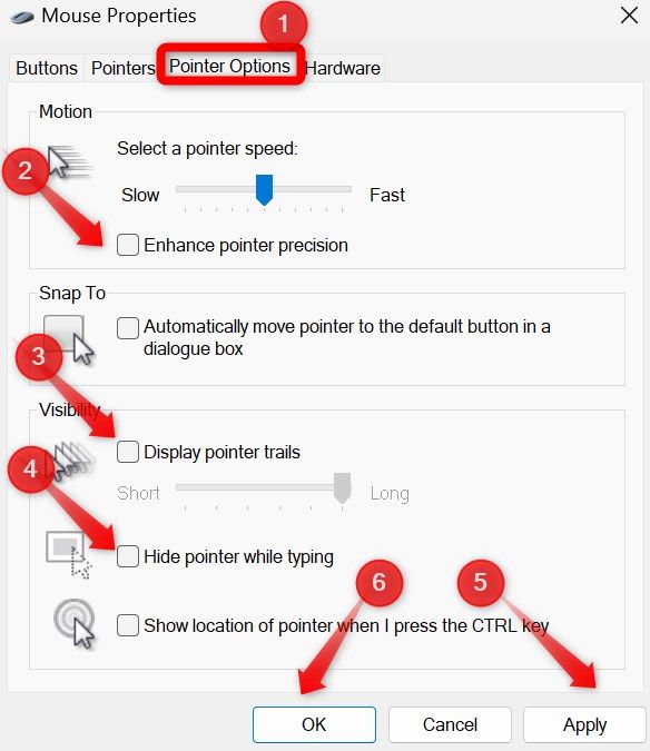 Changing the mouse pointer settings in the mouse properties window.