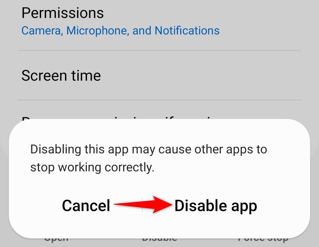 'Disable App' highlighted in the prompt.