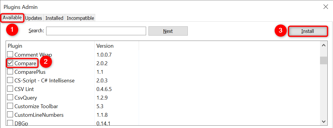 'Available,' 'Compare,' and 'Install' highlighted on the 'Plugins Admin' window.