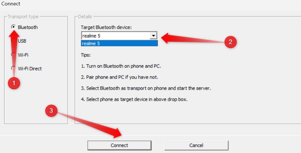 Selecting the bluetooth device in the WO Mic desktop app to connect Android to a PC.