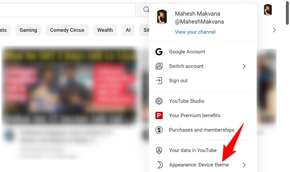 'Appearance: Device Theme' highlighted on YouTube's desktop site.