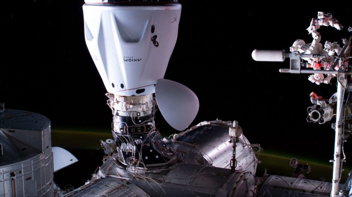 The SpaceX Dragon spacecraft is pictured docked to the space-facing port on the International Space Station’s Harmony module.