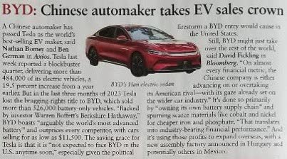 news clipping about BYD taking EV sales crown